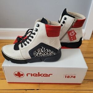 Rieker White and Black Lace-Up Ankle Boots